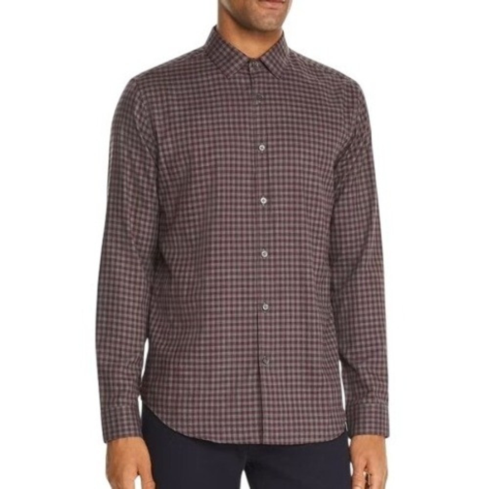 Theory Men's L Murray Flanella Mel Gingham Shirt Burgundy Grey Cotton